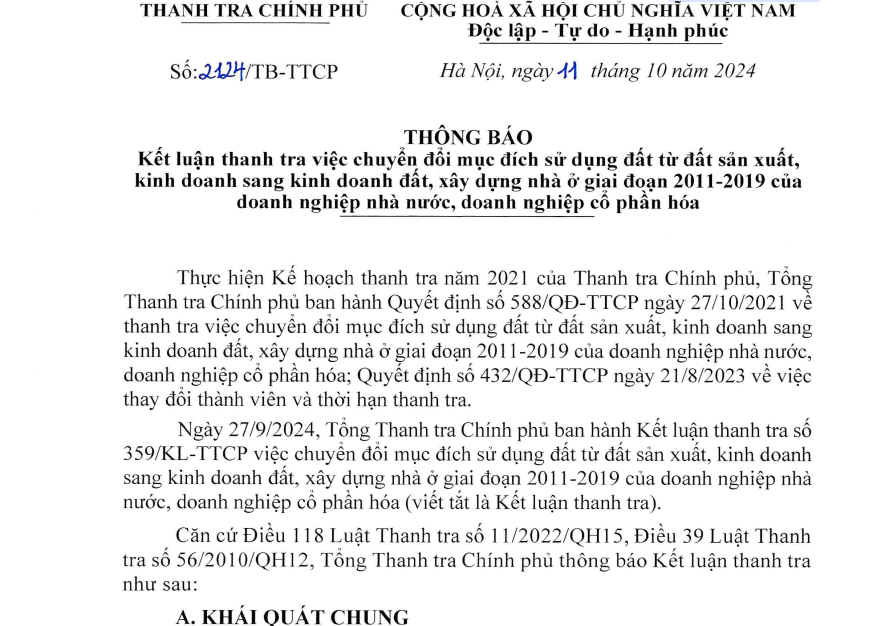 Kết luận của Thanh tra Chính phủ