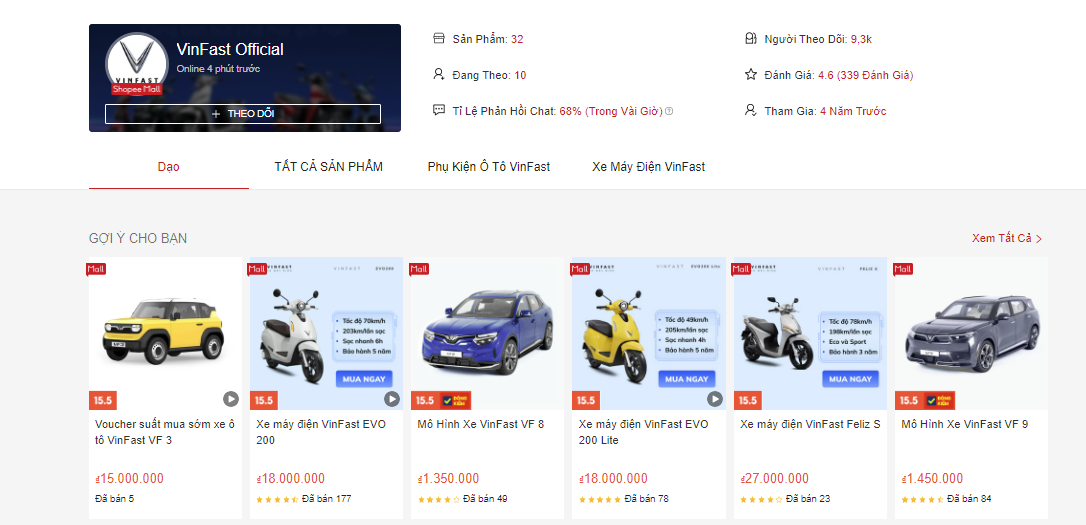Tài khoản chính thức của hãng xe VinFast đăng thông tin bán sản phẩm ô tô trên Shopee.