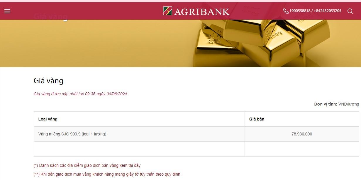 Website Agribank thông tin về giá bán vàng.