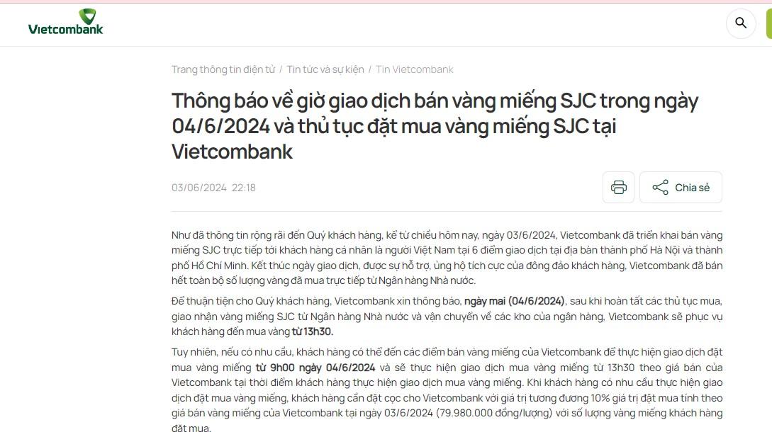 Thông tin triển khai bán vàng được đăng tải trên website của Vietcombank.