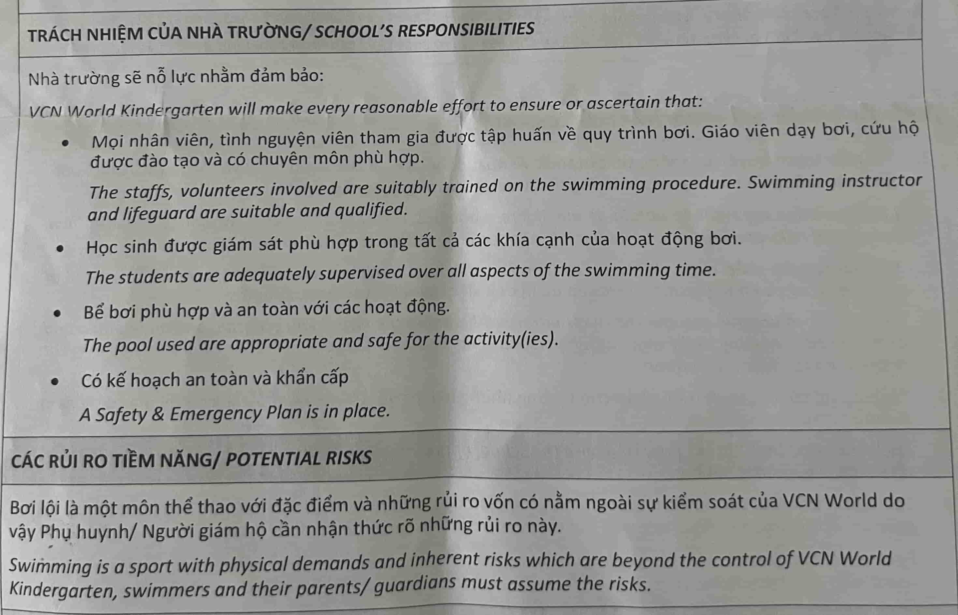 Nội dung yêu cầu cha mẹ nhận thức rõ về rủi ro của hoạt động bơi và nằm ngoài sự kiểm soát của nhà trường.