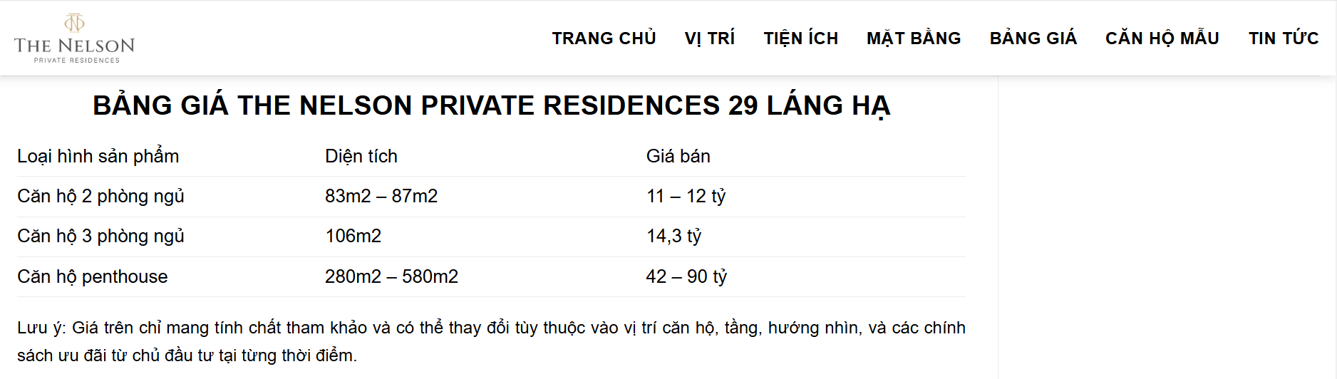 Bảng giá được cập nhật trên website của dự án.