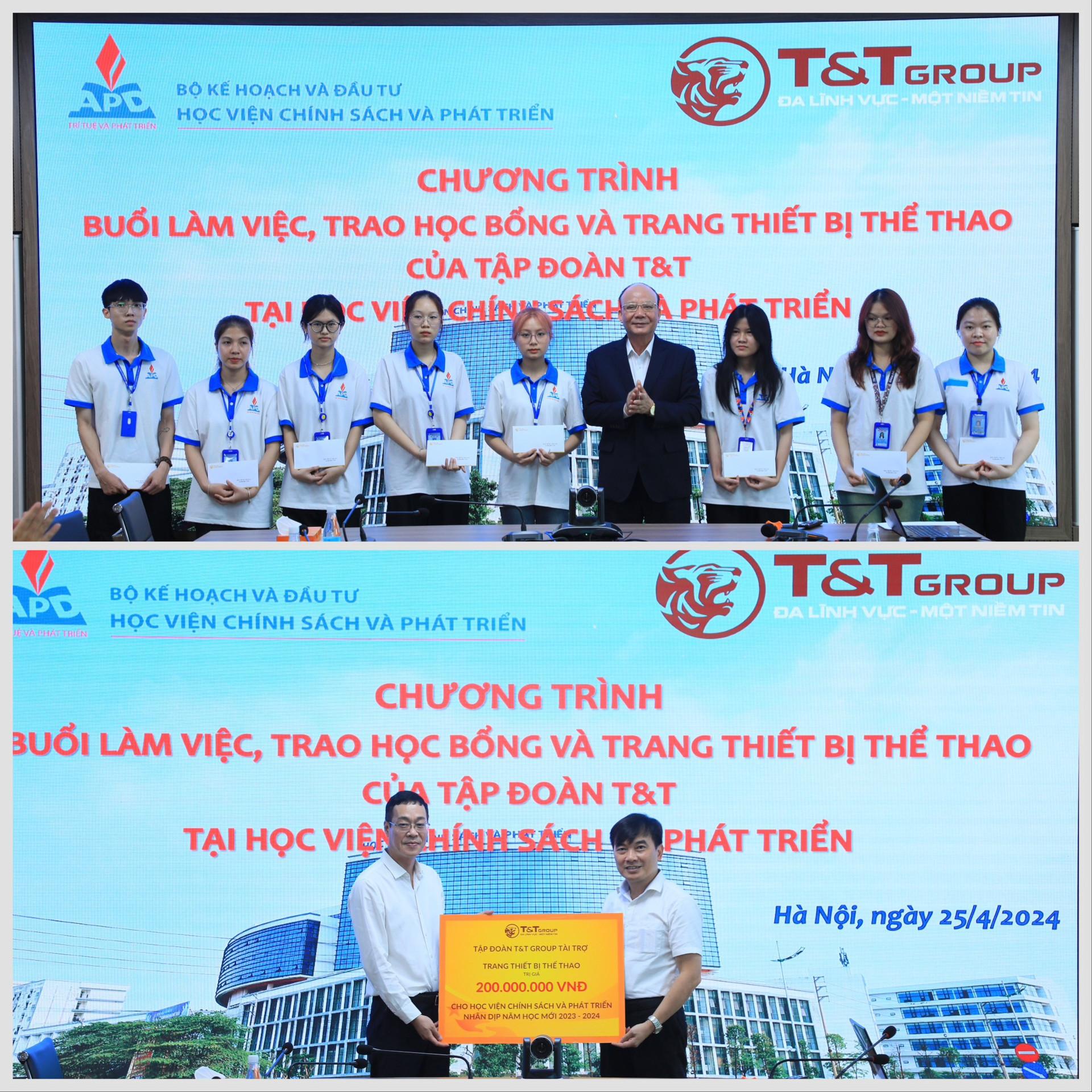 Đại diện lãnh đạo Tập đoàn T&T Group trao học bổng và trang thiết bị thể thao cho các em học sinh tại Học viện Chính sách và Phát triển.