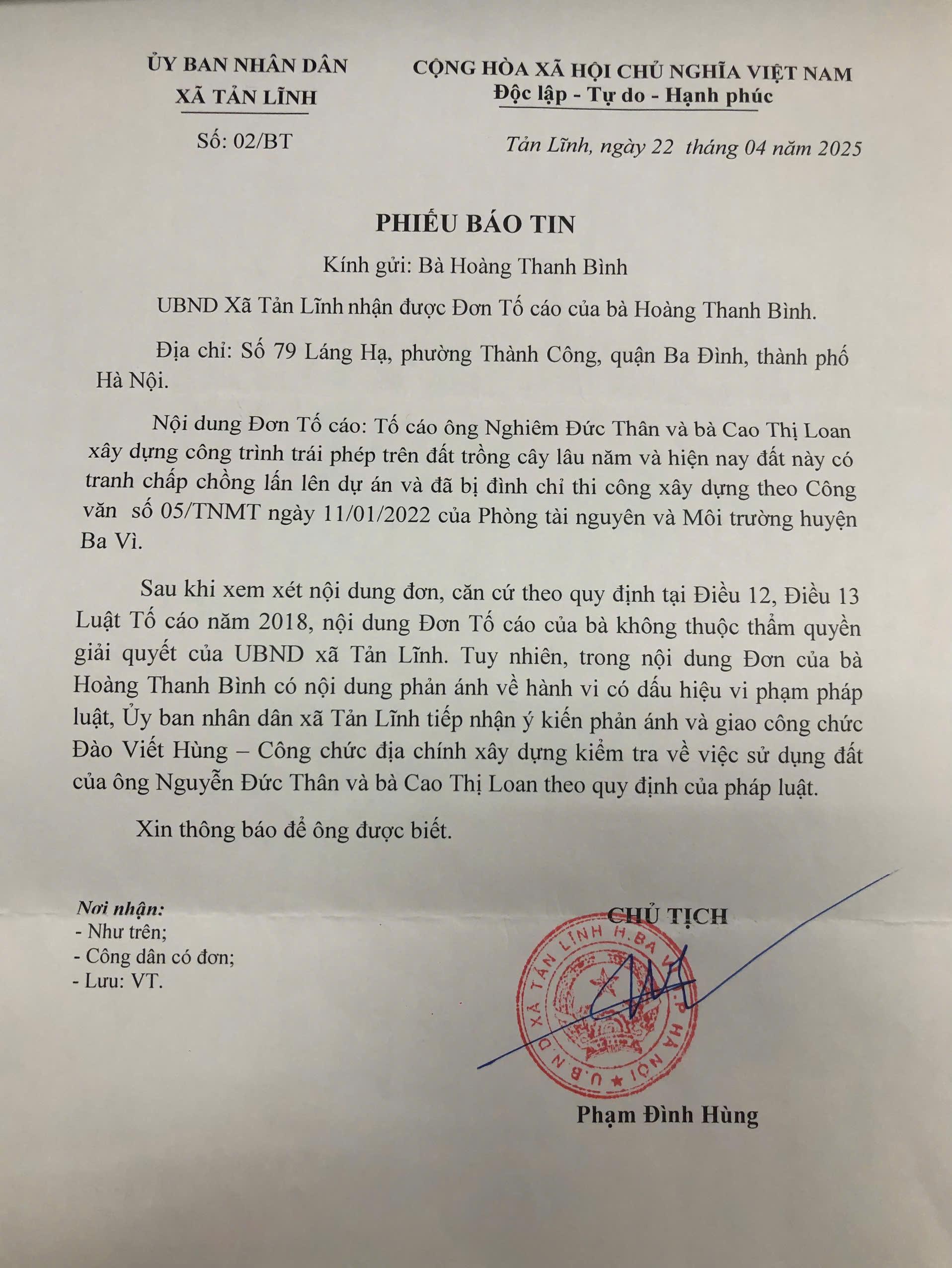 Phiếu báo tin của Uỷ ban nhân dân xã Tản Lĩnh gửi bà Hoàng Thanh Bình ngày 22/4/2025. Phiếu báo tin của Uỷ ban nhân dân xã Tản Lĩnh gửi bà Hoàng Thanh Bình ngày 22/4/2025.