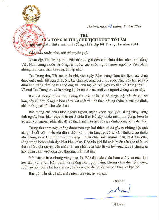 Tổng Bí thư, Chủ tịch nước Tô Lâm gửi Thư chúc Tết Trung thu cho các cháu thiếu niên, nhi đồng - ảnh 1