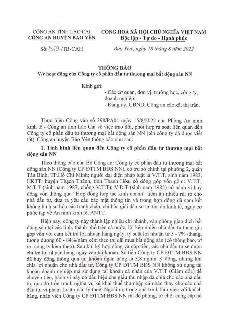 Thông báo của Công an huyện Bảo Yên, tỉnh Lào cai về hoạt động của BĐS Nhật Nam.