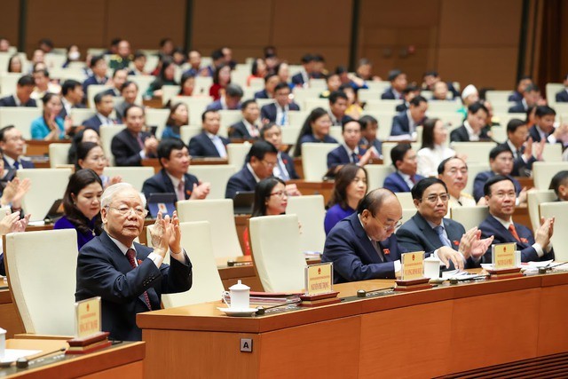 Tổng Bí thư Nguyễn Phú Trọng cùng các đồng chí Lãnh đạo Đảng, Nhà nước dự phiên bế mạc kỳ họp thứ 4 Quốc hội khóa XV - Ảnh: VGP/Nhật Bắc