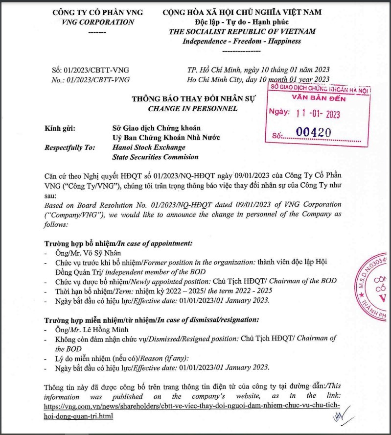 Thông báo của VNG về việc miễn nhiệm chức danh Chủ tịch HĐQT đối với ông Lê Hồng Minh và bầu ông Võ Sỹ Nhân giữ chức Chủ tịch HĐQT nhiệm kỳ 2022 - 2025 từ ngày 1/1/2023.