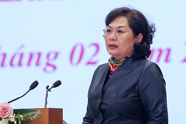 Thống đốc NHNN Nguyễn Thị Hồng phát biểu tại hội nghị - Ảnh: VGP/Nhật Bắc