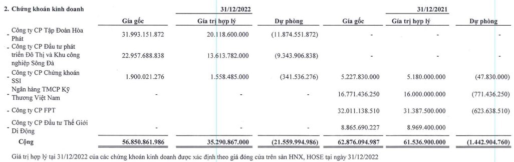 Danh mục đầu tư chứng khoán của SamLand