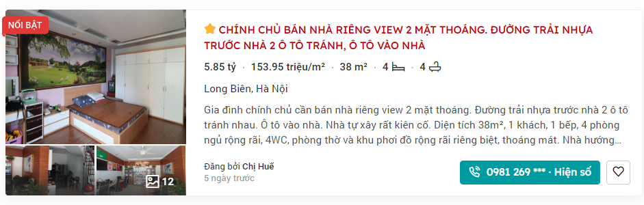 Một số căn nhà tại quận Long Biên được rao bán trên website