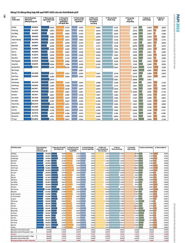Bảng kết quả tổng hợp PAPI năm 2022 của các tỉnh, thành phố
