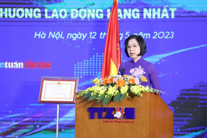 Tổng Giám đốc Thông tấn xã Vũ Việt Trang phát biểu tại buổi lễ.