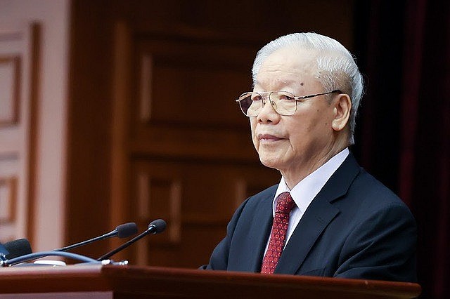Tổng Bí thư Nguyễn Phú Trọng phát biểu bế mạc tổng kết lại những kết quả chủ yếu của Hội nghị Trung ương giữa nhiệm kỳ - Ảnh: VGP/Nhật Bắc
