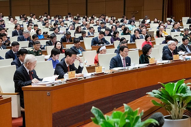 Lãnh đạo Đảng, Nhà nước và đại biểu tham dự phiên khai mạc kỳ họp thứ 5 Quốc hội khóa XV - Ảnh: VGP/LS