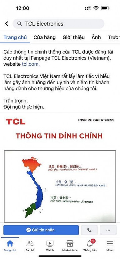 Bài đính chính thông tin được đăng tải trên trang Facebook của TCL Electronics.