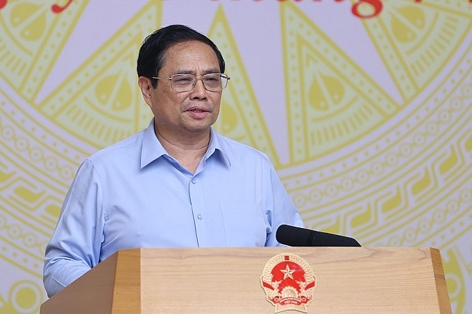 Thủ tướng Phạm Minh Chính phát biểu tại cuộc gặp các doanh nghiệp vừa và nhỏ, chiều tối 6/7. Ảnh: VGP