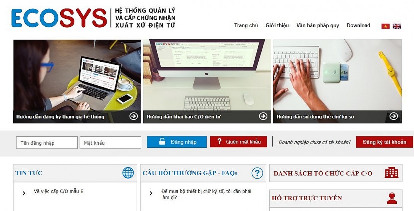 Giao diện hệ thống quản lý và cấp chứng nhận xuất xứ điện tử (Hệ thống eCoSys)