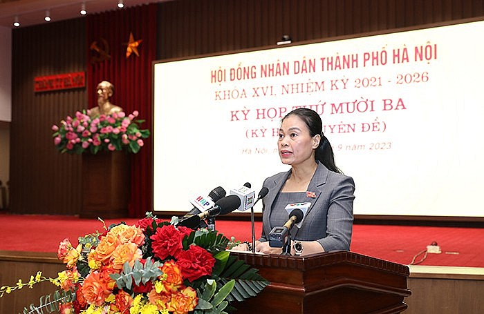 Giám đốc Sở Lao động Thương binh và Xã hội Hà Nội Bạch Liên Hương trình bày tờ trình tại kỳ họp Ảnh: HDDND TP Hà Nội