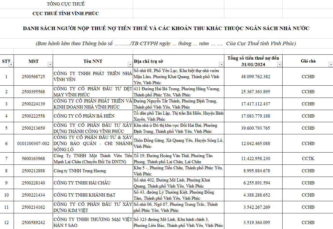 Nhiều doanh nghiệp kinh doanh Bất động sản bị Cục thuế Vĩnh Phúc "bêu tên" vì nợ thuế tiền tỷ