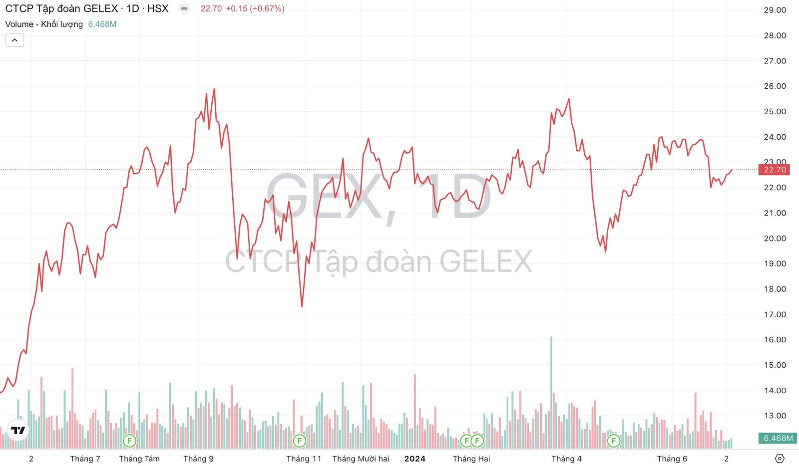 Diễn biến giá và khối lượng giao dịch cổ phiếu GEX của Tập đoàn GELEX trong 12 tháng qua. (Nguồn: TradingView)