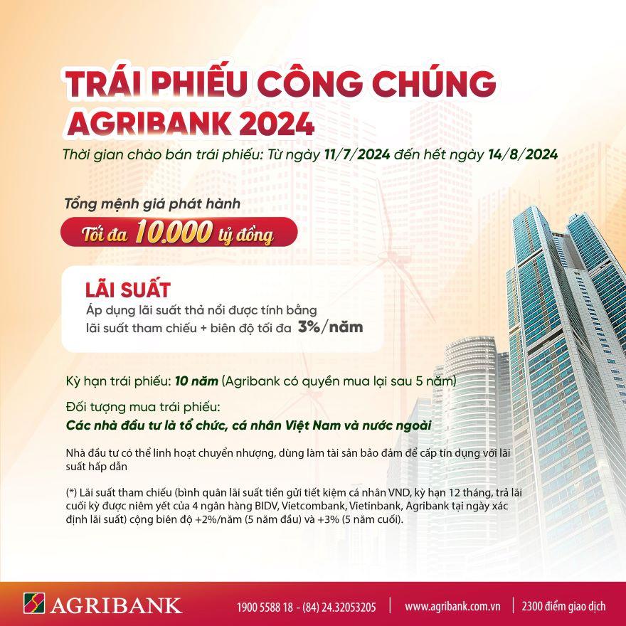 Nhà đầu tư có thể đăng ký mua trái phiếu Agribank từ 11/7 đến 14/8/2024.