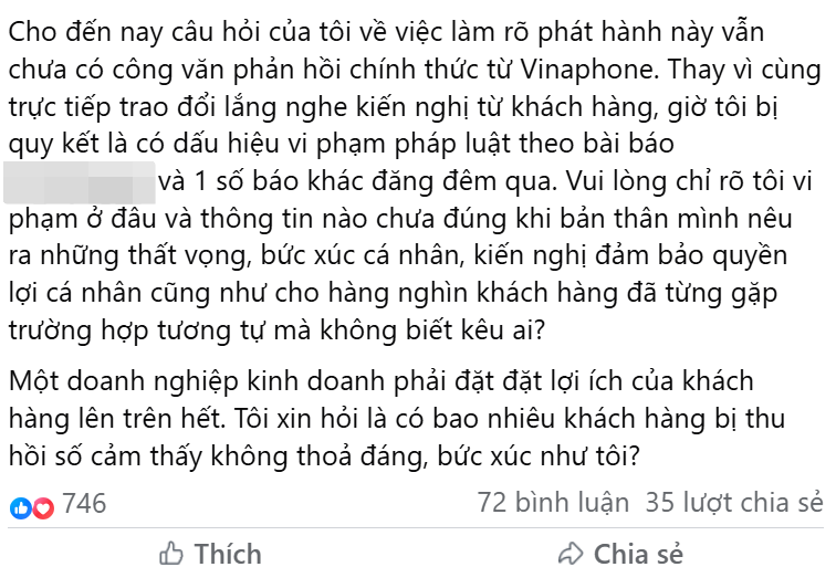 Ông Q. phản hồi trên mạng xã hội sau khi đọc được thông tin Vinaphone gửi thông cáo báo chí. (Ảnh chụp màn hình)