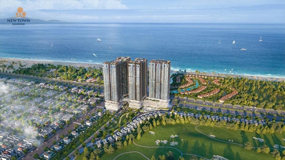 Gồm 3 tháp 36 tầng, tổ hợp cao cấp Newtown Diamond (đại lộ Trường Sa, quận Ngũ Hành Sơn, Đà Nẵng) có diện tích căn hộ đa dạng, từ 1 đến 3 phòng ngủ, đáp ứng nhu cầu của nhiều nhóm khách. Nhìn từ ngoài, có thể dễ dàng nhận thấy tổ hợp có vị trí “kế lộ - kề giang - cận hải” với 4 mặt tiền, cho chủ nhân căn hộ tận hưởng trọn vẹn tầm nhìn khoáng đạt, xanh mát xung quanh.