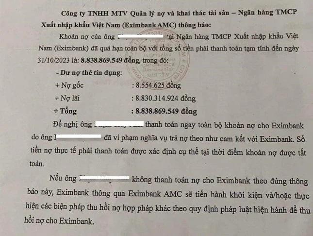 Công văn nhắc nợ được Eximbank AMC gửi đến khách hàng P.H.A. (Nguồn ảnh: Tiền Phong)