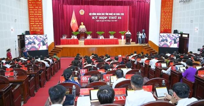 Toàn cảnh Kỳ họp thứ 21, HĐND tỉnh Nghệ An khóa XVIII, nhiệm kỳ 2021 - 2026.