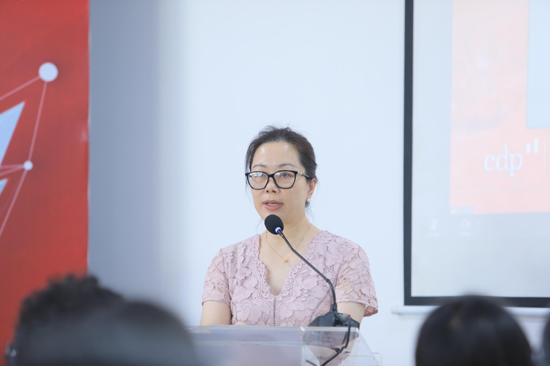 Bà Trần Thị Lan Anh - Tổng thư ký Liên đoàn Thương mại và Công nghiệp Việt Nam (VCCI) phát biểu tại hội thảo.