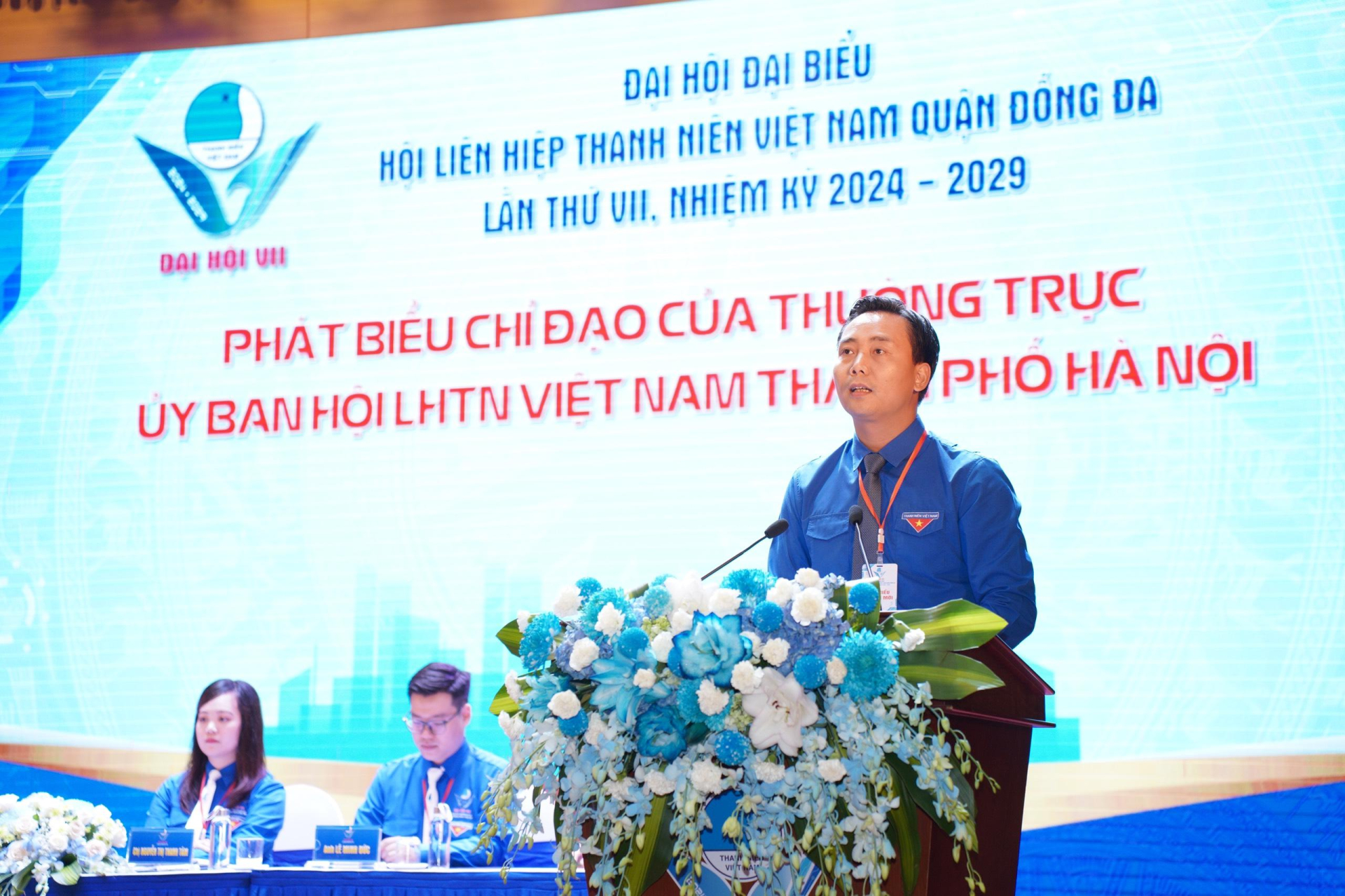 Phó Bí thư Thường trực Thành đoàn, Chủ tịch Hội Liên hiệp thanh niên Việt Nam thành phố Hà Nội Nguyễn Đức Tiến phát biểu tại Đại hội. (Ảnh: MP).