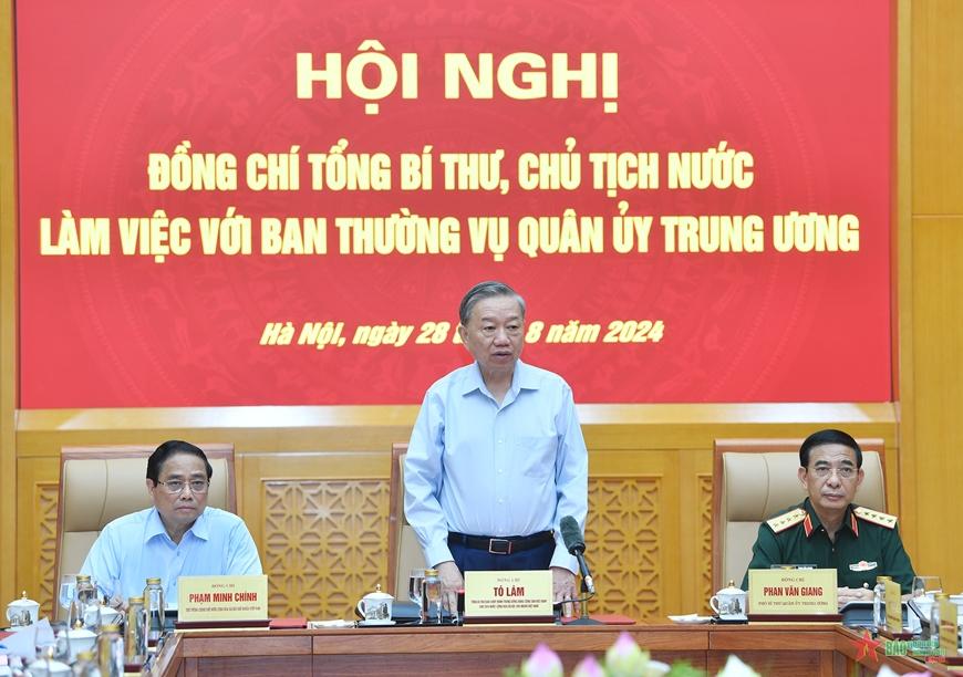 Tổng Bí thư, Chủ tịch nước Tô Lâm, Bí thư Quân ủy Trung ương phát biểu tại hội nghị (Ảnh: QĐND)