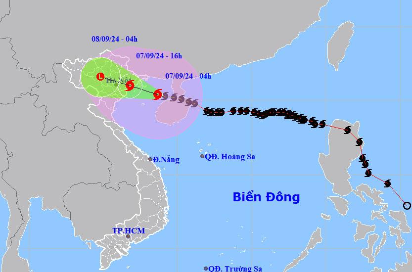 Dự báo đường đi và khu vực ảnh hưởng của bão Yagi. (Ảnh: NCHMF)