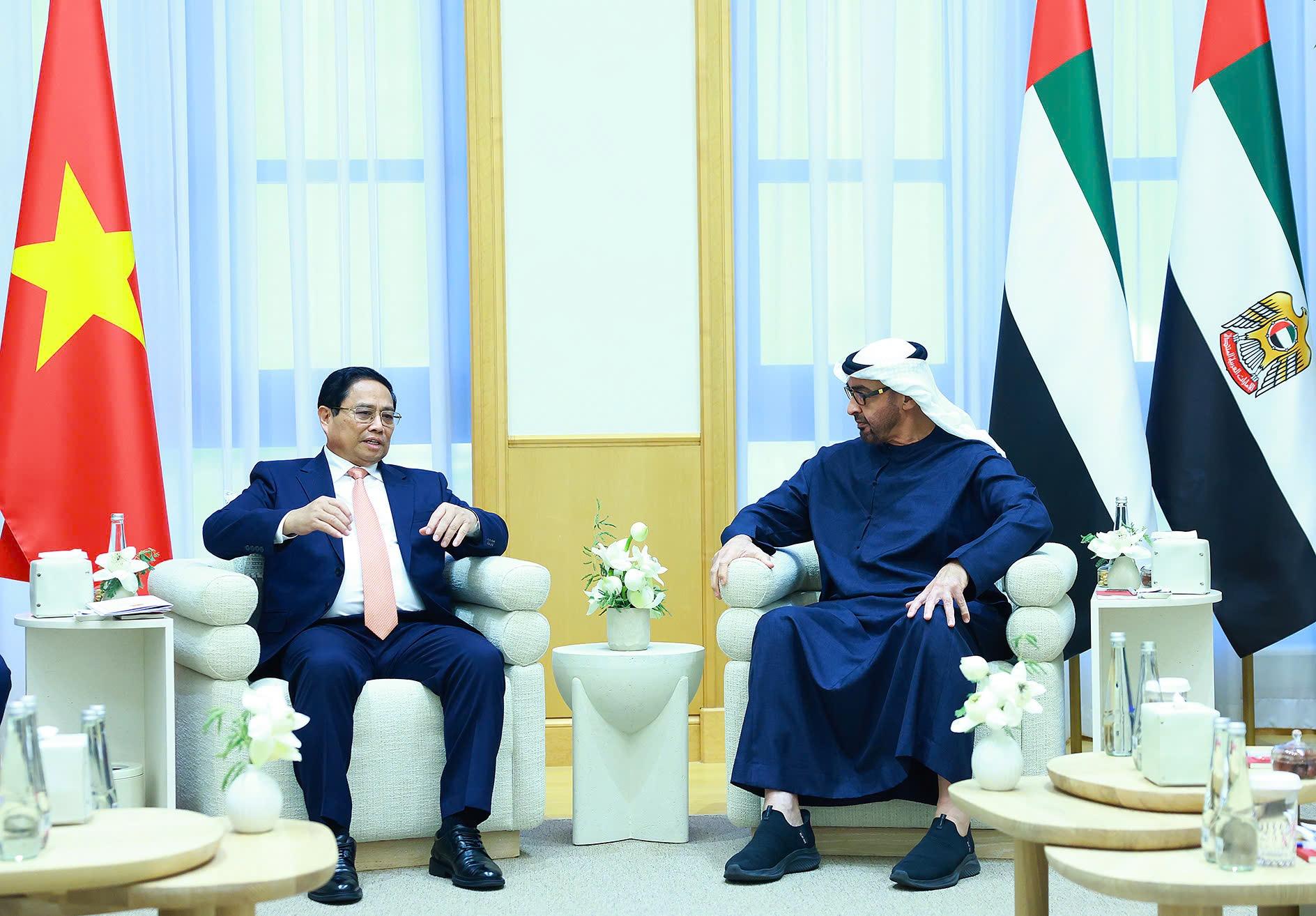 Thủ tướng Chính phủ Phạm Minh Chính và Tổng thống Sheikh Mohammed bin Zayed Al Nahyan nhất trí 6 trọng tâm ưu tiên hợp tác trong khuôn khổ quan hệ Đối tác Toàn diện. (Ảnh: VGP/Nhật Bắc)