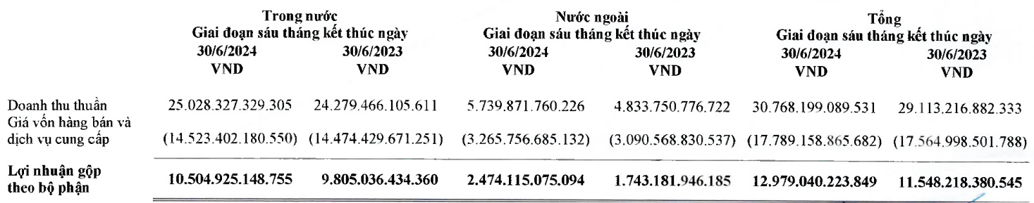 Doanh thu phân theo bộ phận của Vinamilk - Nguồn: BCTC hợp nhất quý II/2024.