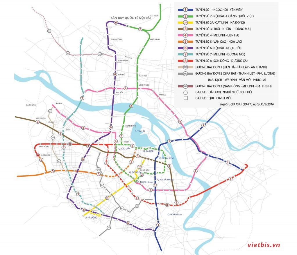 Bản đồ hệ thống các tuyến metro của Hà Nội.