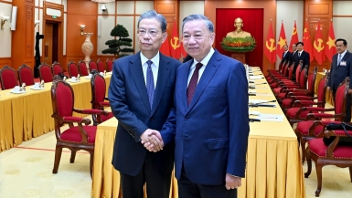 [Ảnh] Tổng Bí thư Tô Lâm tiếp Ủy viên trưởng Nhân đại toàn quốc Trung Quốc Triệu Lạc Tế