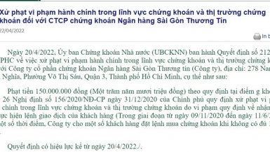 Chứng khoán Ngân hàng Sài gòn Thương Tín (SBS) bị xử phạt 150 triệu đồng vì giao dịch không đúng quy định
