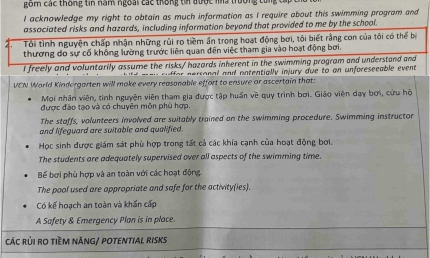 Phụ huynh bức xúc khi trường quốc tế Nha Trang đề nghị ký điều khoản 'chấp nhận rủi ro tiềm ẩn khi trẻ học bơi'